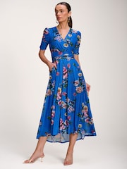 Jolie Moi Blue Floral Print Mesh Maxi Dress - Image 6 of 6