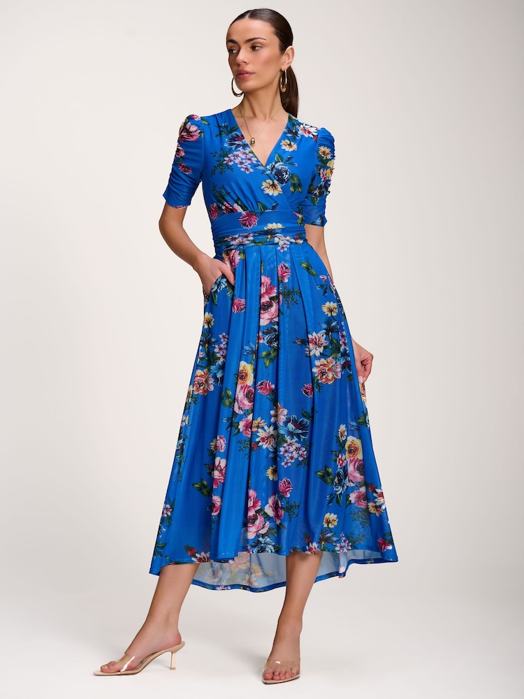 Jolie Moi Blue Floral Print Mesh Maxi Dress - Image 6 of 6 Jolie Moi Blue Floral Print Mesh Maxi Dress - Image 6 of 6