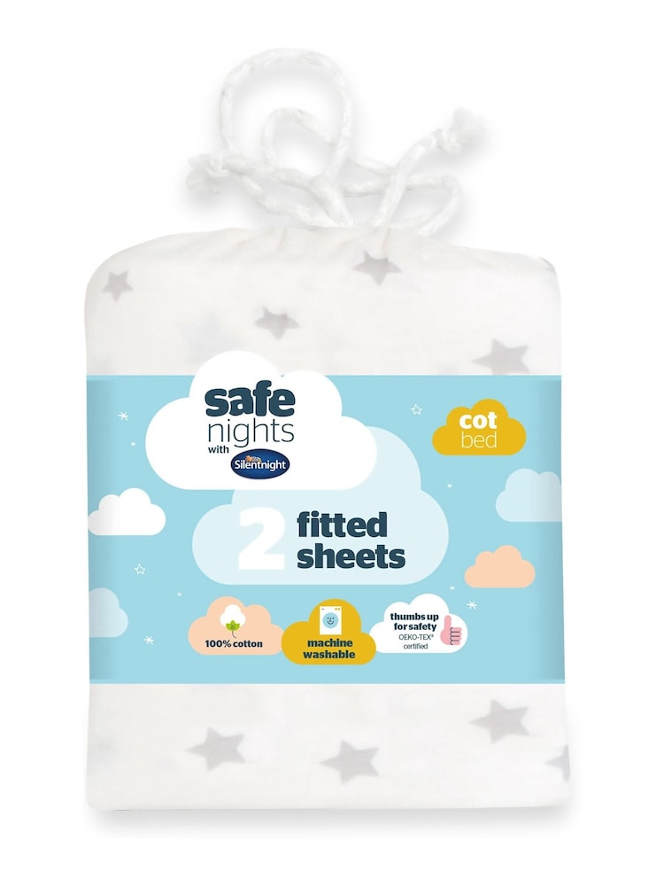 Silentnight 2 Pack Grey Stars Kids Safe Nights Cot Bed Size 100% Cotton Fitted Sheets - Image 2 of 9