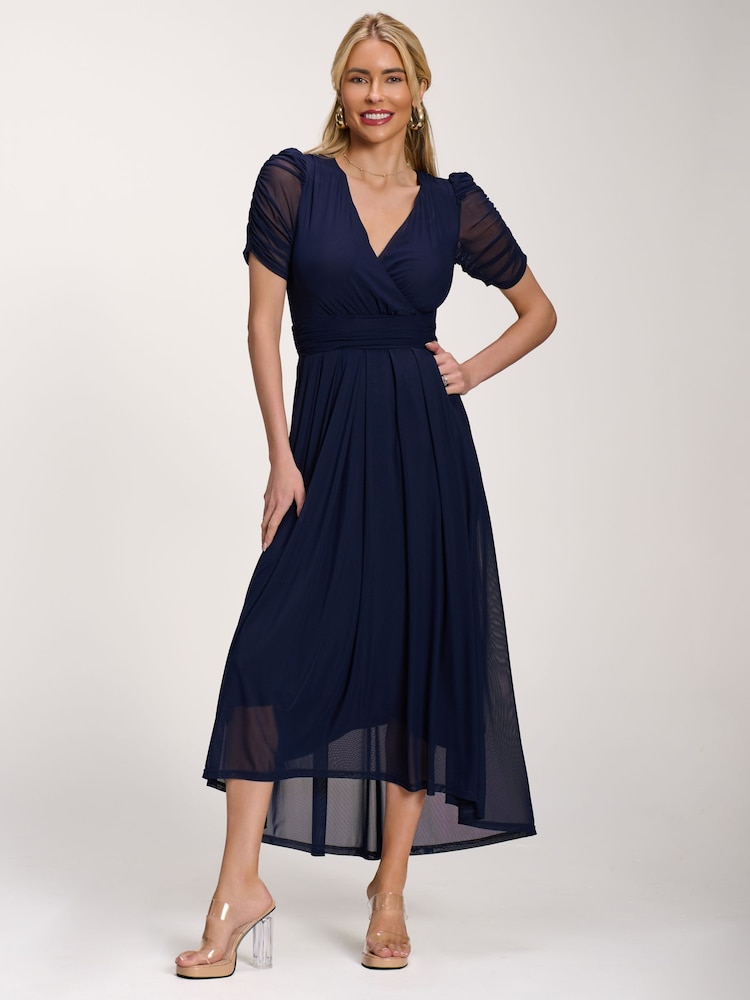 Jolie Moi Blue Petite Mesh Ruched Sleeve Maxi Dress - Image 1 of 6 Jolie Moi Blue Petite Mesh Ruched Sleeve Maxi Dress - Image 1 of 6