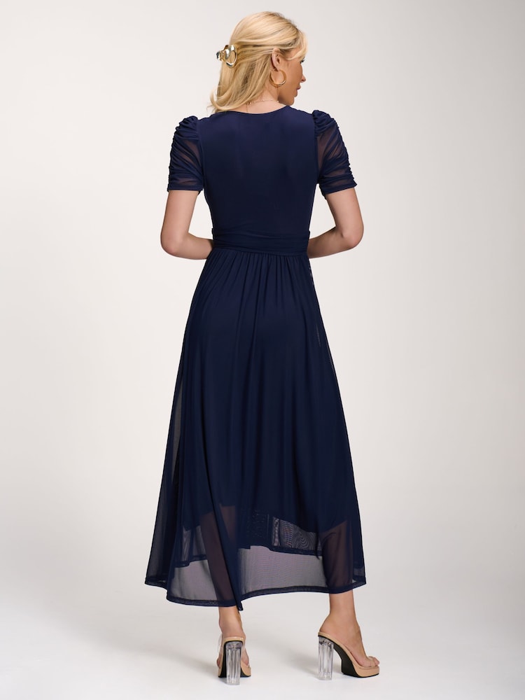 Jolie Moi Blue Petite Mesh Ruched Sleeve Maxi Dress - Image 2 of 6 Jolie Moi Blue Petite Mesh Ruched Sleeve Maxi Dress - Image 2 of 6