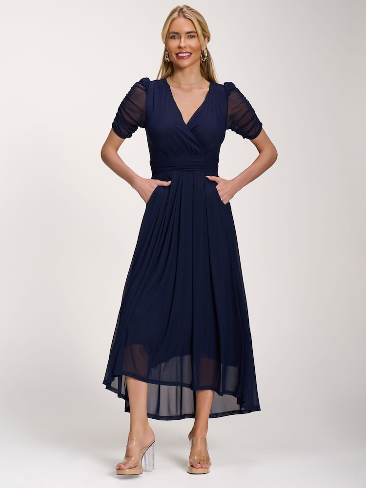 blue mesh sleeve dress Royal Blue Mesh Overlay Fitted Midi Dress