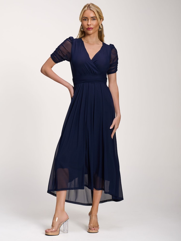 Jolie Moi Blue Petite Mesh Ruched Sleeve Maxi Dress - Image 6 of 6 Jolie Moi Blue Petite Mesh Ruched Sleeve Maxi Dress - Image 6 of 6