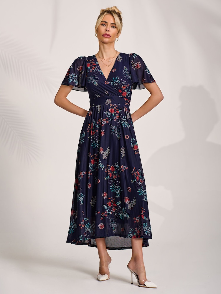 Jolie Moi Blue Mesh Angel Sleeve Midaxi Dress - Image 6 of 6