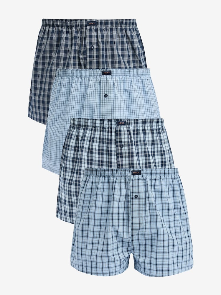 Mixed Blue Check 4 pack Woven Pure 100% Cotton Boxers - Image 1 of 3