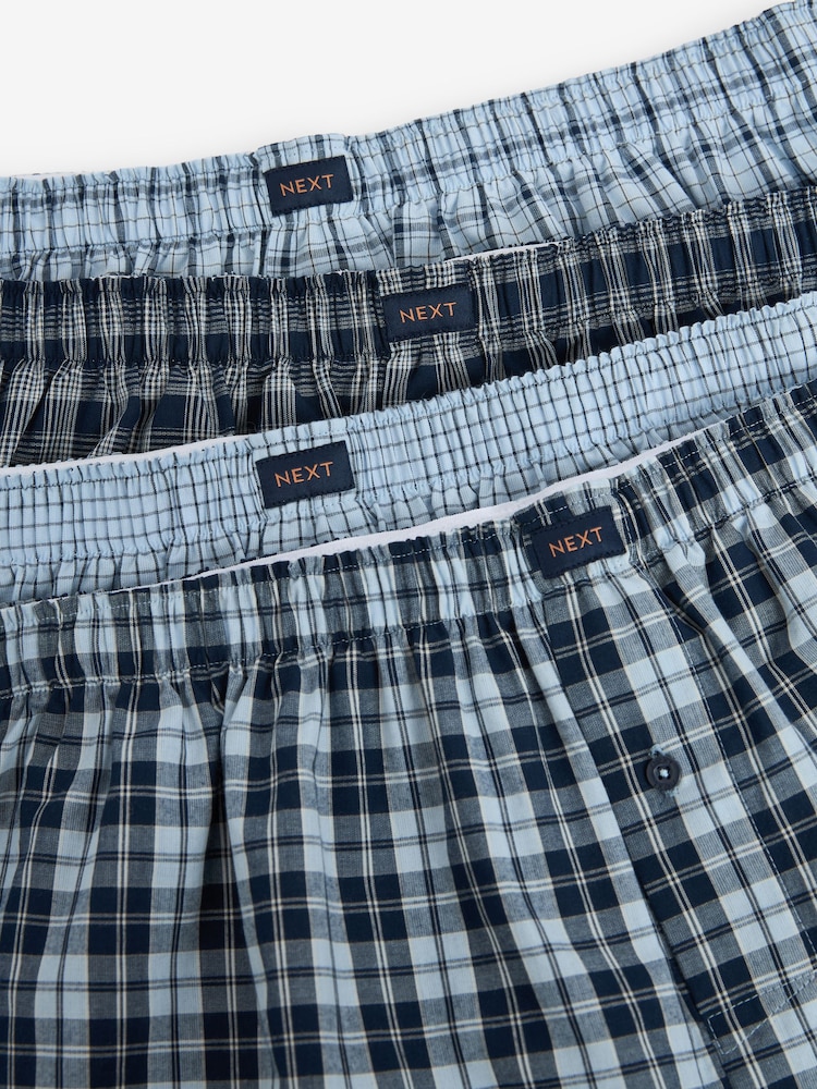 Mixed Blue Check 4 pack Woven Pure 100% Cotton Boxers - Image 3 of 3