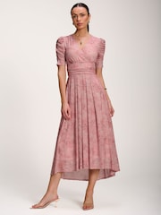Jolie Moi Pink Printed Mesh Dip Hem Maxi Dress - Image 1 of 6