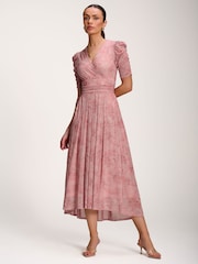 Jolie Moi Pink Printed Mesh Dip Hem Maxi Dress - Image 5 of 6