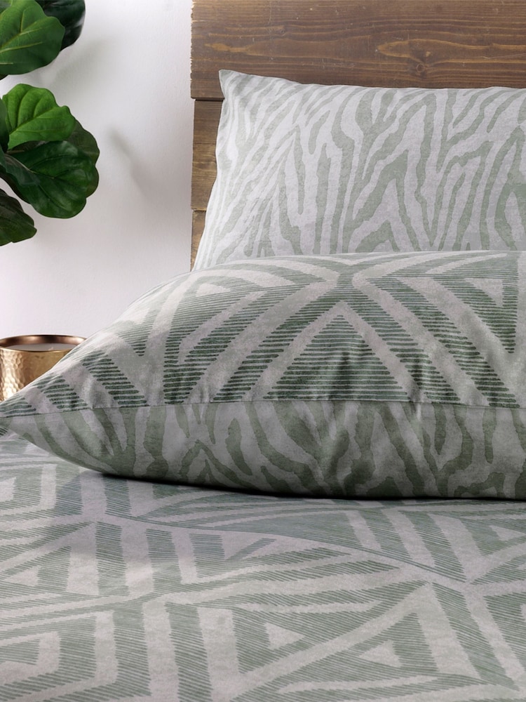 furn. Sage Green Tanza Global Geometric Reversible Duvet Cover and Pillowcase Set - Image 3 of 3