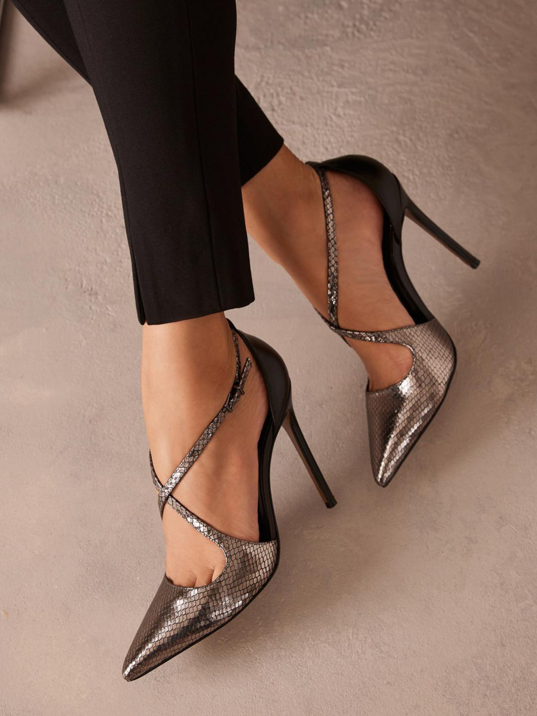 Buy Pewter Silver Signature Leather Cross Over Strap Stiletto Court Shoes from Next Luxembourg