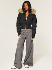 Hollister Black Nylon Puffer Coat With Fur Coat - Image 3 of 5