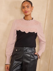 Love & Roses Black/Pink Lace Detail Frilled High Neck Knitted Jumper - Image 1 of 4