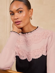 Love & Roses Black/Pink Lace Detail Frilled High Neck Knitted Jumper - Image 2 of 4