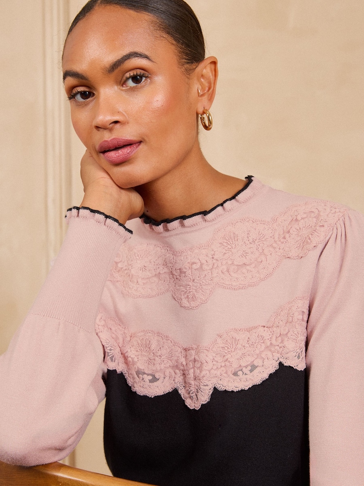 Love & Roses Black/Pink Lace Detail Frilled High Neck Knitted Jumper - Image 2 of 4 Love & Roses Black/Pink Lace Detail Frilled High Neck Knitted Jumper - Image 2 of 4
