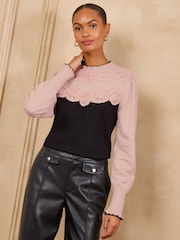Love & Roses Black/Pink Lace Detail Frilled High Neck Knitted Jumper - Image 3 of 4