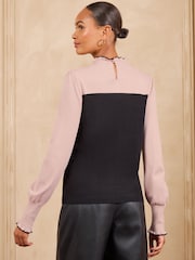 Love & Roses Black/Pink Lace Detail Frilled High Neck Knitted Jumper - Image 4 of 4