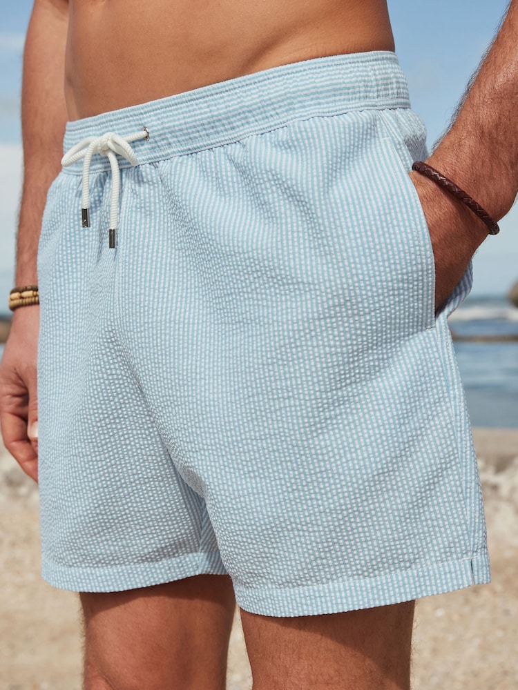 Blue/White Seersucker Plain Premium Swim Shorts - Image 1 of 8 Blue/White Seersucker Plain Premium Swim Shorts - Image 1 of 8