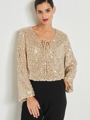 Champagne Gold Sparkle Jacquard Long Sleeve Wrap Blouse - Image 1 of 4