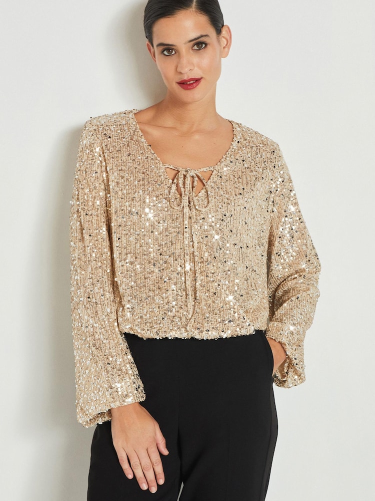 Champagne Gold Sparkle Jacquard Long Sleeve Wrap Blouse - Image 1 of 4