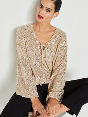 Champagne Gold Sparkle Jacquard Long Sleeve Wrap Blouse - Image 2 of 4