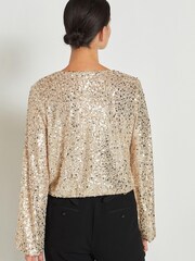 Champagne Gold Sparkle Jacquard Long Sleeve Wrap Blouse - Image 3 of 4