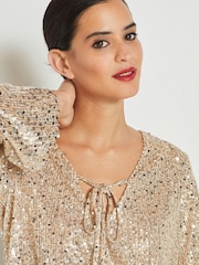 Champagne Gold Sparkle Jacquard Long Sleeve Wrap Blouse - Image 4 of 4
