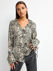 Monochrome Print Tie Sleeve Textured Collared V-Neck Blouse - Image 1 of 7