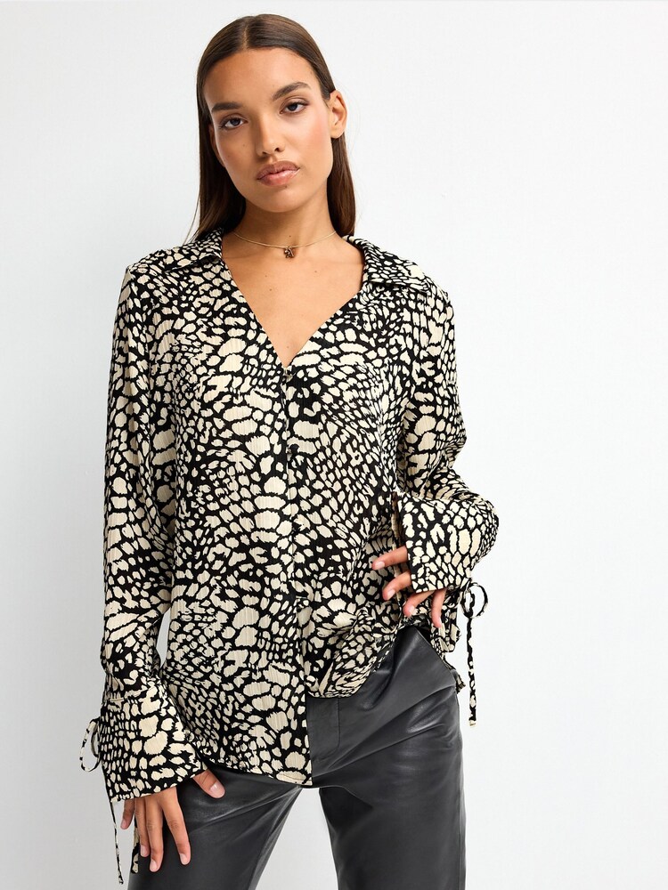 Monochrome Print Tie Sleeve Textured Collared V-Neck Blouse - Image 1 of 7 Monochrome Print Tie Sleeve Textured Collared V-Neck Blouse - Image 1 of 7