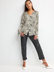 Monochrome Print Tie Sleeve Textured Collared V-Neck Blouse - Image 2 of 7
