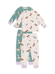 Conjunto de pijamas longo infantil Chelsea Peers, duas peças, em algodão, com estampado de cavalos listrado e de carrossel. - Imagem 1 de 9
