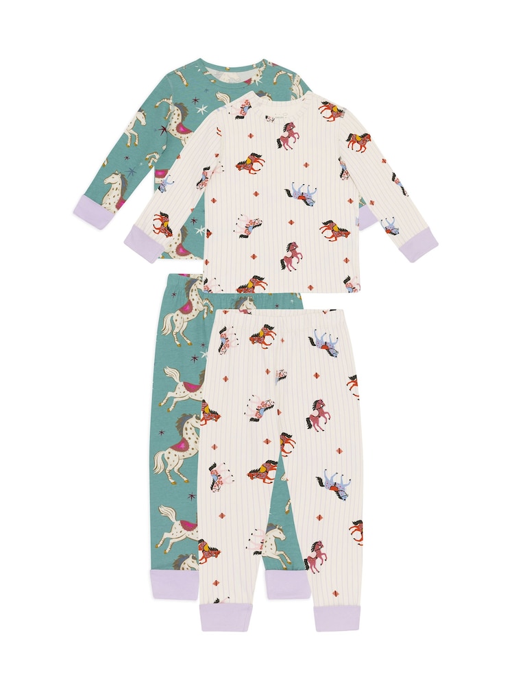 Conjunto de pijamas longo infantil Chelsea Peers, duas peças, em algodão, com estampado de cavalos listrado e de carrossel. - Imagem 1 de 9 Conjunto de pijamas longo infantil Chelsea Peers, duas peças, em algodão, com estampado de cavalos listrado e de carrossel. - Imagem 1 de 9