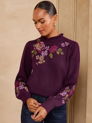 Love & Roses Floral Jaquard Frilled Neck Knitted Jumper - Imagen 1 de 5