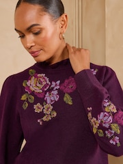 Love & Roses Floral Jaquard Frilled Neck Knitted Jumper - Imagen 2 de 5