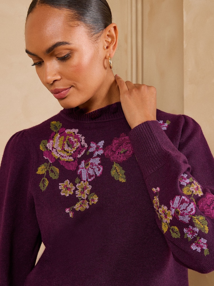 Love & Roses Floral Jaquard Frilled Neck Knitted Jumper - Imagen 2 de 5 Love & Roses Floral Jaquard Frilled Neck Knitted Jumper - Imagen 2 de 5