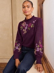 Love & Roses Floral Jaquard Frilled Neck Knitted Jumper - Imagen 4 de 5