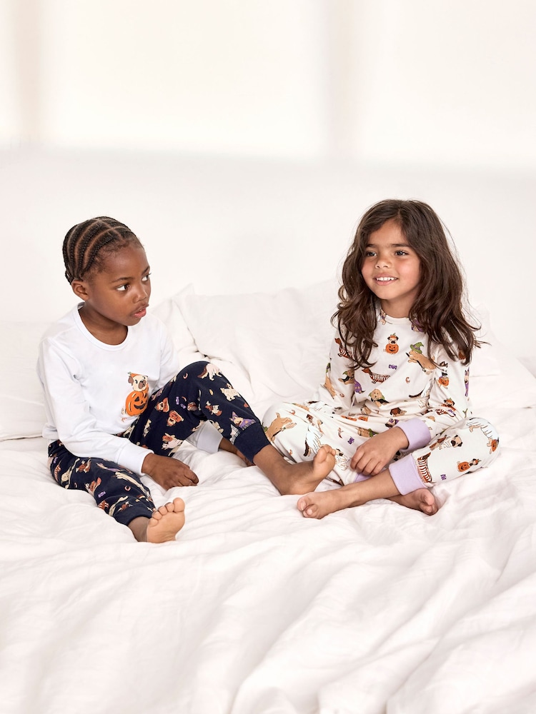 Chelsea Peers Cream Kids Two Pack Cotton Halloween Dogs Print Long Pyjama Set - Image 2 of 7 Chelsea Peers Cream Kids Two Pack Cotton Halloween Dogs Print Long Pyjama Set - Image 2 of 7