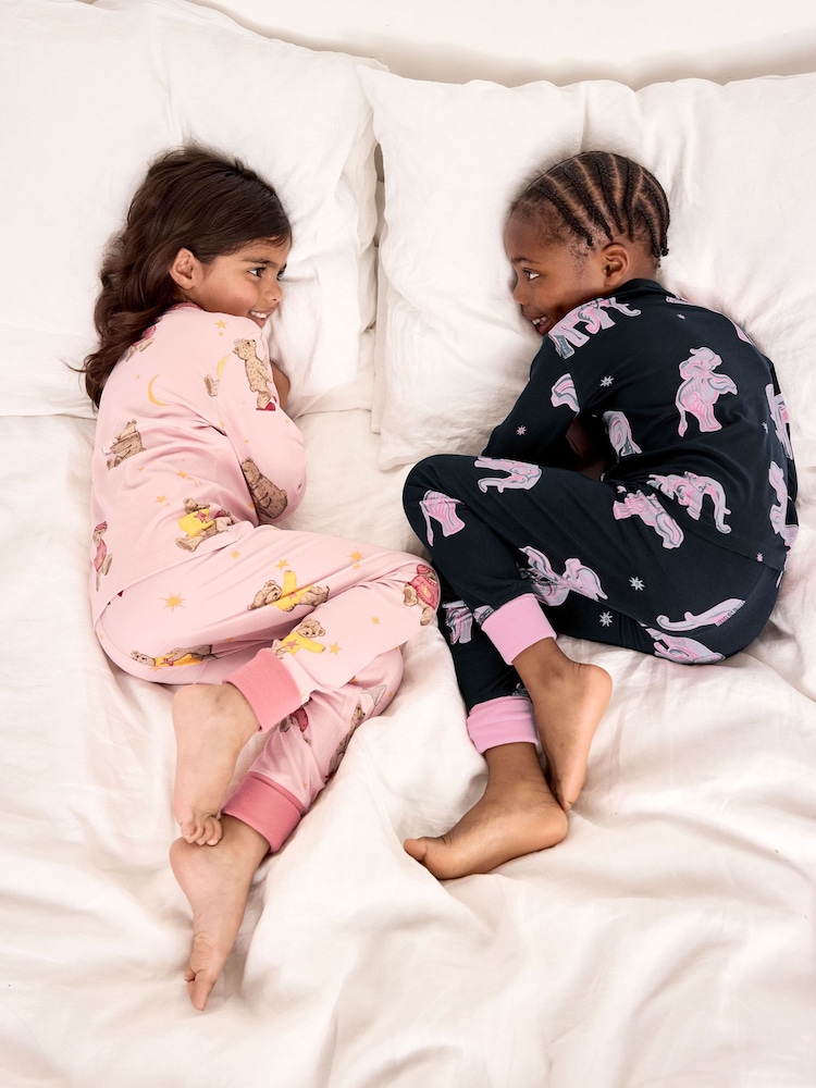 Chelsea Peers Pink Kids Two Pack Elephant Dreamscape/Celestial Bear Print Long Pyjama Set - Image 2 of 8 Chelsea Peers Pink Kids Two Pack Elephant Dreamscape/Celestial Bear Print Long Pyjama Set - Image 2 of 8