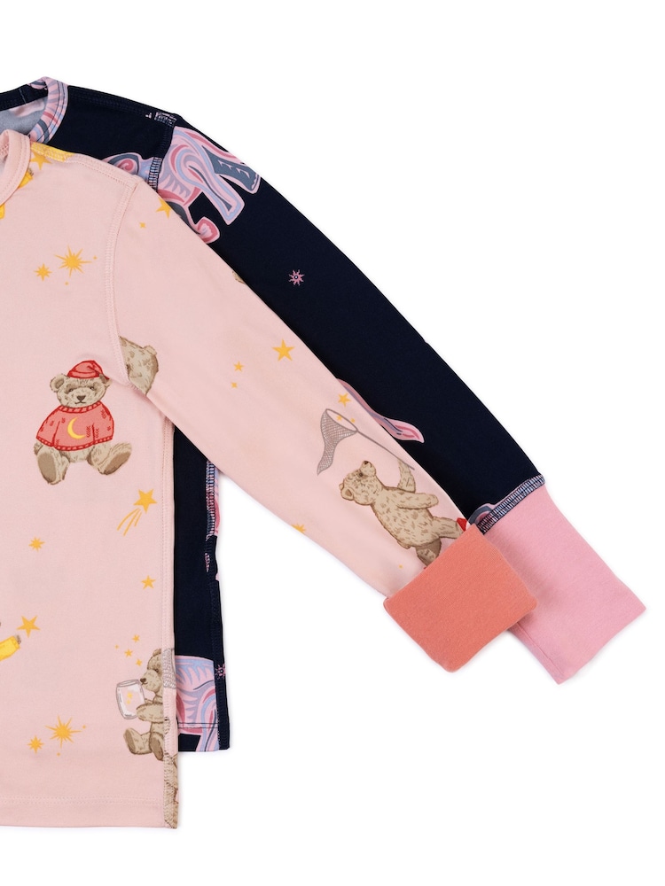 Chelsea Peers Pink Kids Two Pack Elephant Dreamscape/Celestial Bear Print Long Pyjama Set - Image 8 of 8 Chelsea Peers Pink Kids Two Pack Elephant Dreamscape/Celestial Bear Print Long Pyjama Set - Image 8 of 8