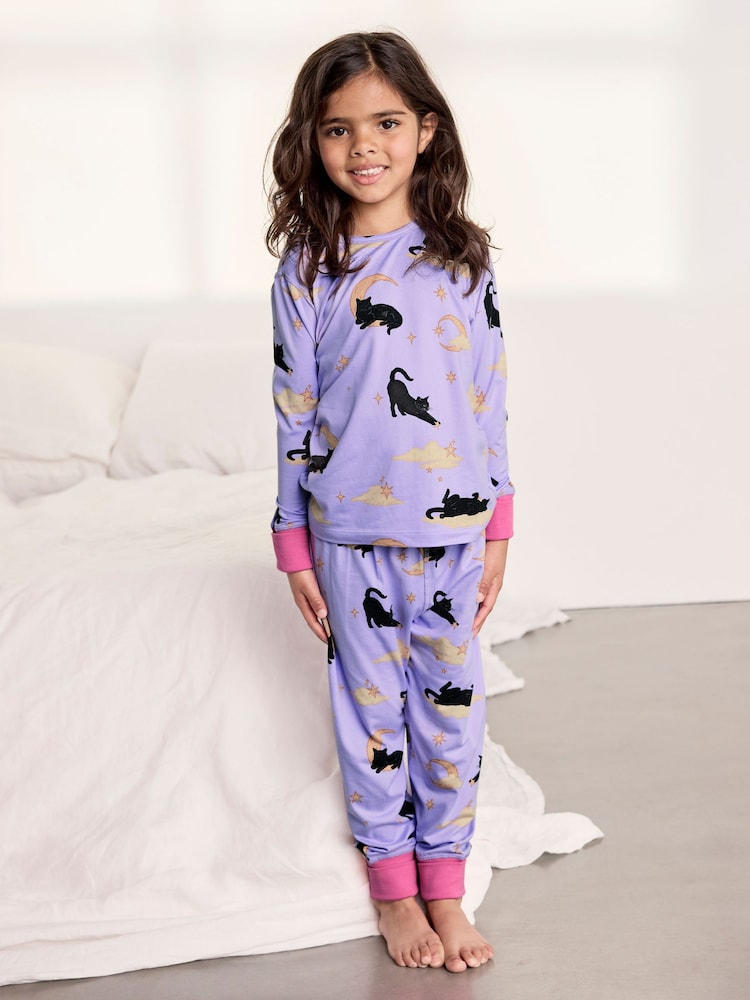 Chelsea Peers Purple Kids Halloween Cat Print Long Pyjama Set - Image 1 of 6 Chelsea Peers Purple Kids Halloween Cat Print Long Pyjama Set - Image 1 of 6