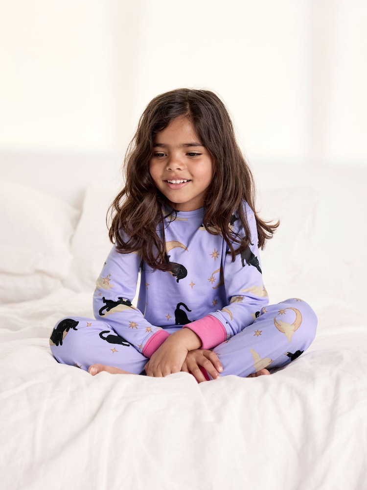 Chelsea Peers Purple Kids Halloween Cat Print Long Pyjama Set - Image 2 of 6 Chelsea Peers Purple Kids Halloween Cat Print Long Pyjama Set - Image 2 of 6