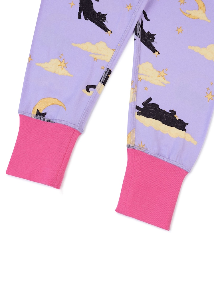 Chelsea Peers Purple Kids Halloween Cat Print Long Pyjama Set - Image 6 of 6 Chelsea Peers Purple Kids Halloween Cat Print Long Pyjama Set - Image 6 of 6