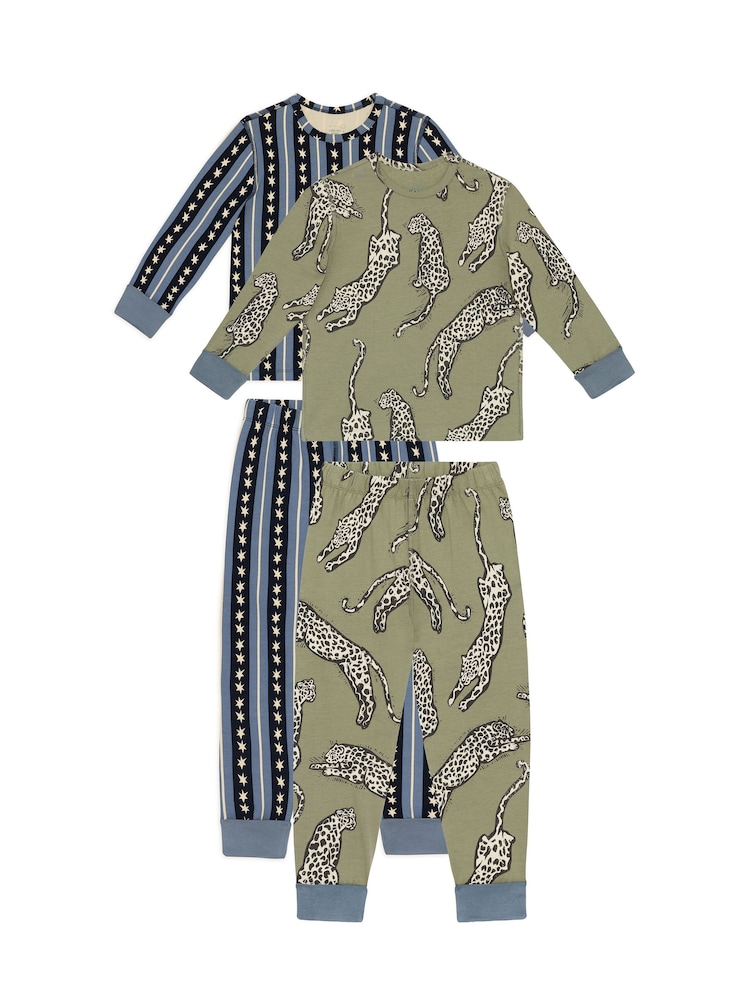 Chelsea Peers Green Kids Two Pack Cotton Star Stripe / Lino Cut Leopard Print Long Pyjama Set - Image 1 of 9 Chelsea Peers Green Kids Two Pack Cotton Star Stripe / Lino Cut Leopard Print Long Pyjama Set - Image 1 of 9