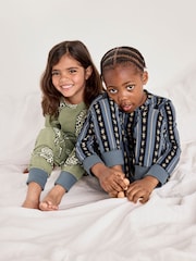 Chelsea Peers Green Kids Two Pack Cotton Star Stripe / Lino Cut Leopard Print Long Pyjama Set - Image 2 of 9