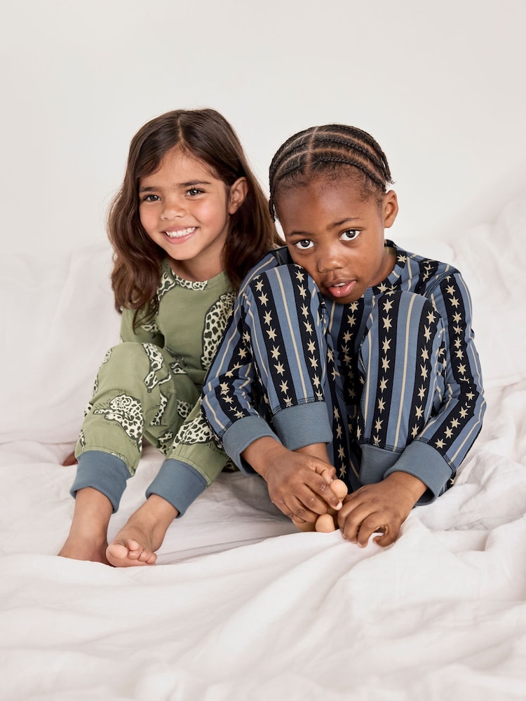 Chelsea Peers Green Kids Two Pack Cotton Star Stripe / Lino Cut Leopard Print Long Pyjama Set - Image 2 of 9 Chelsea Peers Green Kids Two Pack Cotton Star Stripe / Lino Cut Leopard Print Long Pyjama Set - Image 2 of 9