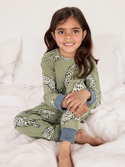 Chelsea Peers Green Kids Two Pack Cotton Star Stripe / Lino Cut Leopard Print Long Pyjama Set - Image 3 of 9