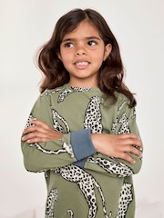 Chelsea Peers Green Kids Two Pack Cotton Star Stripe / Lino Cut Leopard Print Long Pyjama Set - Image 5 of 9
