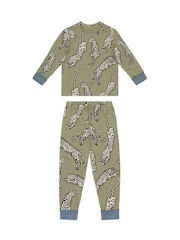 Chelsea Peers Green Kids Two Pack Cotton Star Stripe / Lino Cut Leopard Print Long Pyjama Set - Image 6 of 9