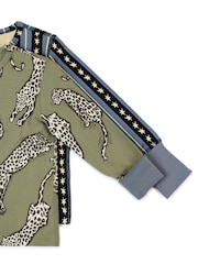 Chelsea Peers Green Kids Two Pack Cotton Star Stripe / Lino Cut Leopard Print Long Pyjama Set - Image 8 of 9
