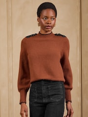 Love & Roses Rust Brown Frogging Detail High Neck Cosy Knitted Jumper - Image 5 of 6