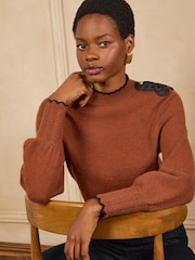 Love & Roses Rust Brown Frogging Detail High Neck Cosy Knitted Jumper - Image 6 of 6